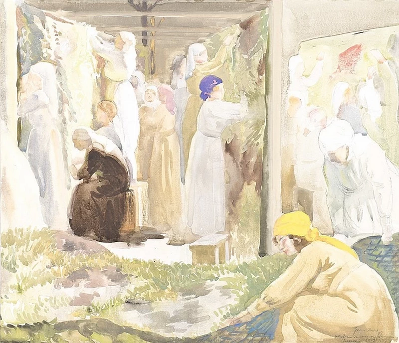 Donne in un laboratorio di tessitura